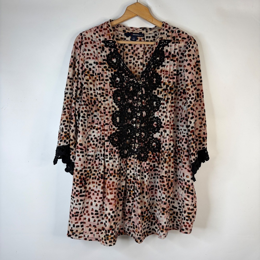 Denim 24/7 Tunic Blouse Womens 18W Pink Multi Lace Trim Pintuck Boho Top